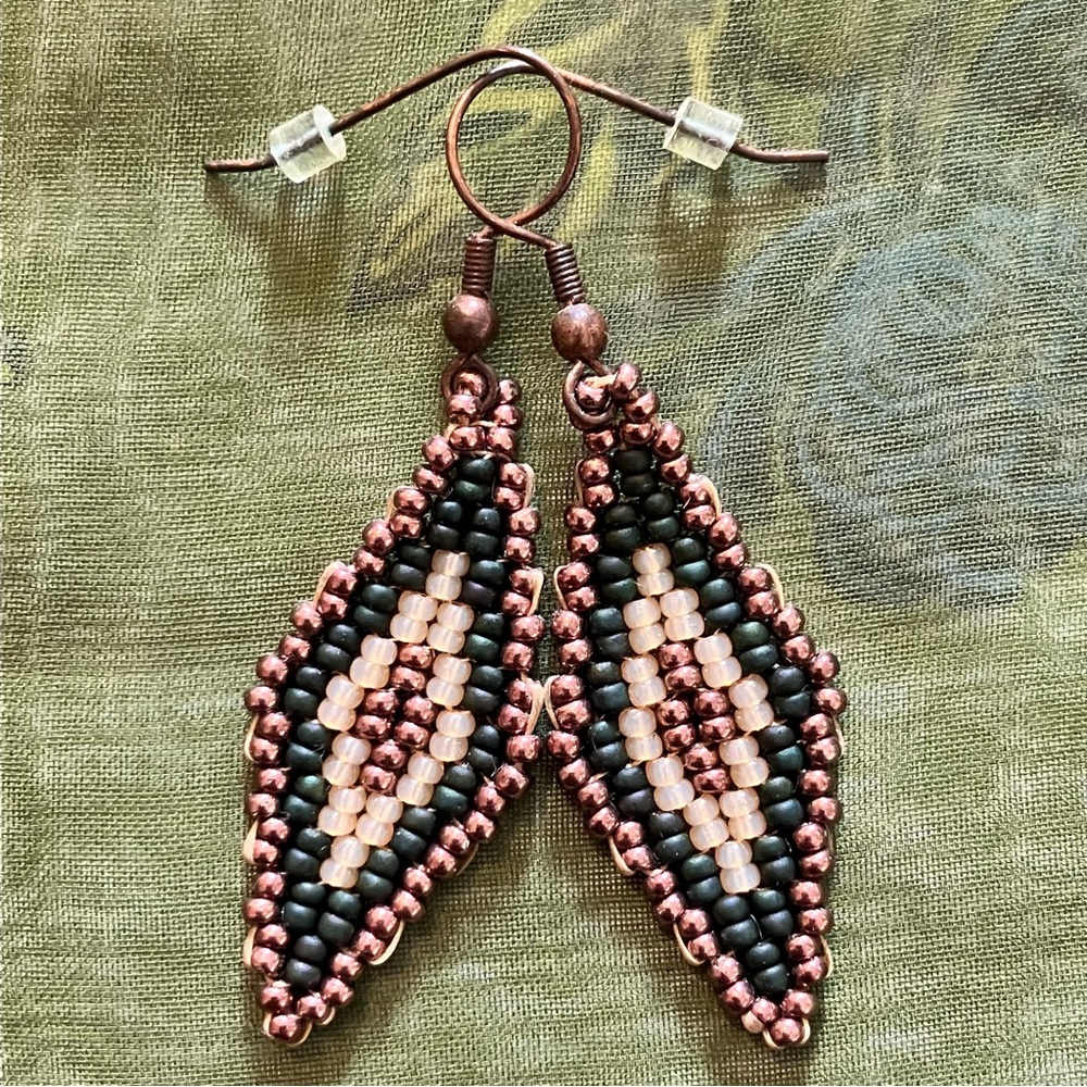 Handmade Miyuki Rhombus Drop Beaded Statement Earrings Copper, Olive, Peach Opal